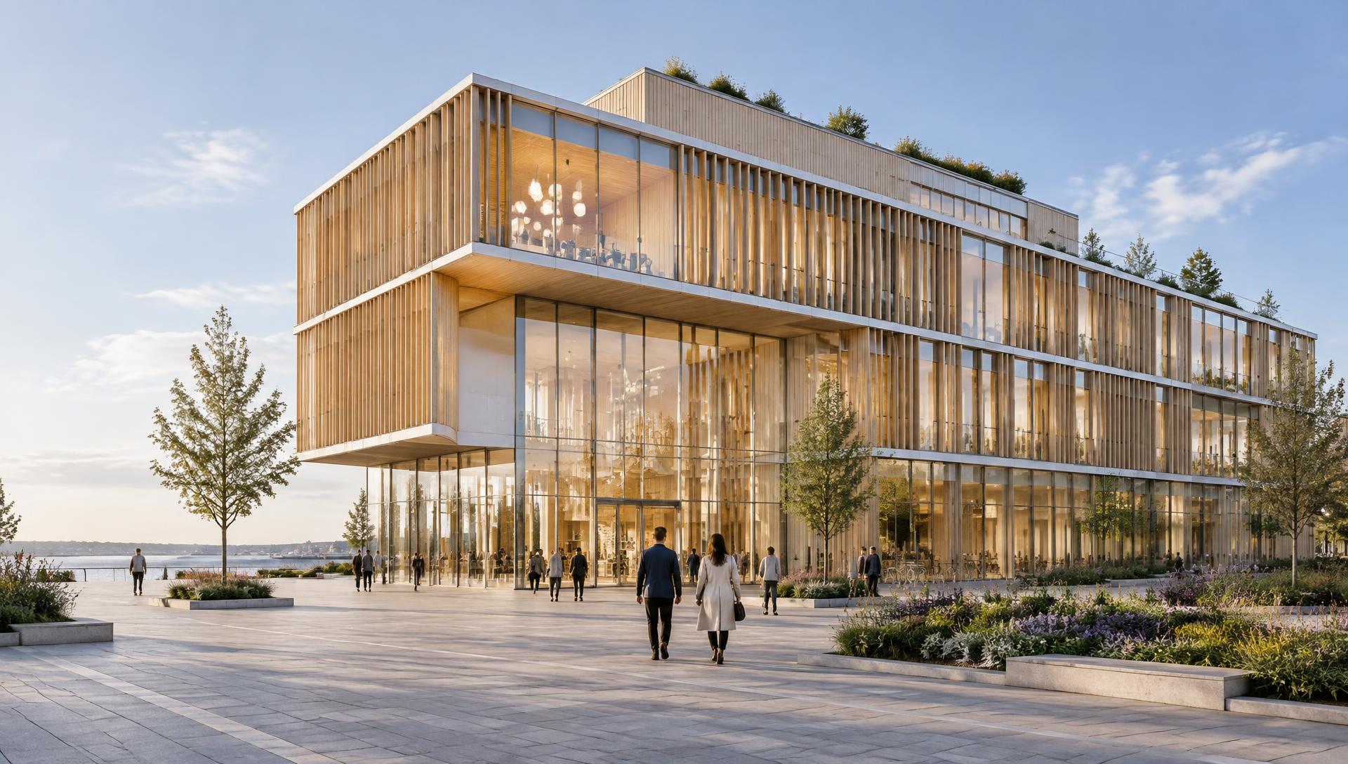 Arkitekturillustration: större nordisk offentlig byggnad i trä och glas med tre till fyra våningsnivåer, transparent entré och stenlagd förplats. BIM-annotationerna är grafiska exempel, inte projektdata.